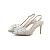 Sandales Nouveau Stiletto Bout Pointu Chaussures De Mariage De Mariée Banquet Strass Bow Baotou Dos Vide Verre Colle À Talons Hauts 230423