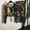 Letter Printed Two Piece Dress Colorful Flower Pattern Tops Womens High Waisted Skirt Retro Long Sleeved T Shirt