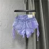 Jeans European Style Purple Hot Pants Womens Clothing 2022 Summer Ny Sexig låg midja singelbröstad denimshorts Laceup