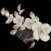 Hair Clips Bridal Wedding Combs White Ceramics Flower Hairpins Rose Gold Color Metal Leaves Headpieces Party Accessories