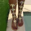 Sandali Summer Flats Sandalo Gladiatore Gold Knee High Buckle Strap Donna Stivali Crystal Beach Shoes Taglie forti 43 230425