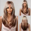 Synthetic Wigs ALAN Blonde Layered for Women Long Straight Brown Highlights with Bangs Balayage Hair Heat Resistant 230425