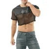 Herren-T-Shirts, kontrastierendes Fischnetz-PU-Crop-Top, kurzärmelig, durchsichtiges Hemd mit Rundhalsausschnitt, sexy Netz-Muskel-T-Shirt-Bluse