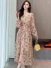 Casual Dresses Spring Autumn Pink Floral Chiffon Beach Long Dress Women Chic Bandage Bodycon 2023 Korean Elegant Luxury Prom