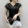 Blouses feminina Sexy Camisa de retalhos de renda de decote em V