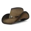 Basker kvinnor män västra cowboy hatt för gentleman pappa läder cowgirl sombrero hombre jazz mössor storlek 58-59cm med tjurband