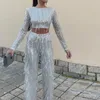 Women's Two Piece Pants Sexy Slim Sets Fashion Sequin Tassel Party Outfits 2023 Autumn Elegant O-Neck Long Sleeve Crop Top Suits