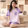 Women's Sleepwear New Summer Striped Short Sleeve Women Pajamas Set Kaii Purple Pajama Knitted Cotton Pijamas Shorts Homewear for Young Girls