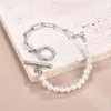 Charm Bracelets Silver Color Gold Sterling Cut Figaro Link Chain And Imitation Pearls Bracelet With OT Toggle Clasp Fashion Jewelry Bangle