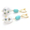 Boucles d'oreilles pendantes pour femmes, culture d'eau douce naturelle, perle Keshi blanche, turquoise bleue, crochet pavé CZ