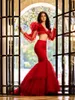Sexig röd sjöjungfru prom klär två stycken rufsar långa ärmar v-ringning tävling specialtillfällen klänningar kvinnor kväll brithday fest slitage 2023