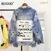 2023 jaquetas femininas rugod nova carta do vintage impressão desgastado jean jaqueta feminina outono inverno rasgado buraco denim casaco feminino bomber casaco