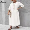 Robes Femmes Robe Maxi élégante été trois quarts manches coton lin robes de soirée longue Robe 2022 Femme Vintage poches Robe ample