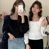 Women's Blouses Baby Design Shirts Chic Korea Japan Preppy Style Girls Women Solid White Ruffles Cute Sweet Hollow Lace Short Crop Tops