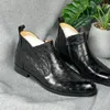 Boots Authentic Real True Ostrich Skin Goodyear Craft Men's Classic Short Black ZIP Genuine Exotic Leather Male Winter Shoes