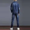 Smart Business Tracks Peits Simple Blue Men Tweedelige sets Spring Herfst Denim Jacket en Jeans Fashion Slim Trendy Stretch Mens Clothing