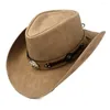 Basker kvinnor män västra cowboy hatt för gentleman pappa läder cowgirl sombrero hombre jazz mössor storlek 58-59cm med tjurband