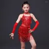 Robe de scène pour enfants filles Costumes de danse Rose rouge or haut avec jupe paillettes frangée pratique latine