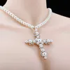 Populaire Fille Nouveau 24/30 Pouce Blanc Perle Collier De Perles Avec Perle Croix Hip Hop Pendentif Pour Les Gars Véritable Plaqué Or Brillant CZ Pierre Hip Hop Diamant Rappeur Bijoux Cadeaux