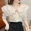 Blouses femininas 2023 Summer Mulheres doces colarinho casual casual kawaii coreano camisas de blusa de manga curta tops chiques da moda M02