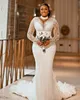 Plus Size Arabic Aso Ebi Sheer Neck Mermaid Wedding Dress Long Sleeves Sexy Bridal Gowns Dresses Custom Made New