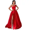 Röd en axel split prom klänning kvinnor formella fest natt vestidos de gala a-line satin elegant enkla långa kvällsklänningar