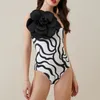 Women's Swimwear Black & White Textured Print Fashion Bikini One-Piece Halter Stereo Flower Embellished Strap Swimsuit Irregular 2023