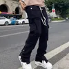 Calça Masculina Y2K Preto Streetwear Casual Techwear Coreano Calça Cargo Macacão Masculino Cintura Baixa Calças de Corredor Alt Baggy Moletom Roupas 230425