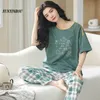 Dames slaapkleding zomer tweedelige sets voor vrouwen korte mouwen plaid pj gebreide katoenen slaapkleding elegante dames pyjama lounge home pijama jer jer