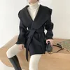 Kvinnors ull blandar Comelseexy Autumn Winter Ol Elegant Women Faux Wool Coats Solid Cardigan Minimalist Hooded Woolen Coat Oversize Outwear With Belt 231124