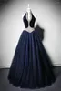Party Dresses Navy Blue Vintage Evening Puffy Ball Gowns Halter Pearls Tulle Velvet For Women Abiti Da Cerimonia Sera
