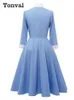 Dresses Tonval Bow Neck Button Front Blue Robes ALine Vintage Midi Swing Dresses for Women 3/4 Length Sleeve Spring Elegant Dress