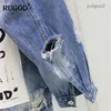 2023 jaquetas femininas rugod nova carta do vintage impressão desgastado jean jaqueta feminina outono inverno rasgado buraco denim casaco feminino bomber casaco