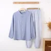 Pijamas masculinos contrastantes cor japonesa xadrez homewear conjunto de algodão crepe de manga comprida dupla camada gaze primavera verão pijama fino