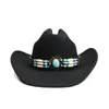 Berets Retro Turquoise Beads Knitted Band Imitation Cashmere Women Men Large Wide Brim Cowboy Western Hat Cowgirl Cap (56-59cm)