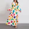 Casual Dresses Party Floral Loose Flowy Dress Women Spring Fall Long Sleeve V Neck Buttons Ruffles Hem Shirt For Beach Vacation