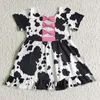 Mädchen Kleider Bauernhof Kuh Druck Kinder Twirl Kleid Kurzarm Rosa Schleife Mode Boutique Baby Kleidung Großhandel Kinder Kleinkind Kleidung