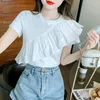 Camisetas femininas 2023 Camisa coreana Summer Ruffles Camisa de manga curta Mulheres do tipo de retalhos de retalhos de retalhos estacos do estilo Camisetas Irregular White Tshirt