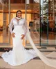 Plus Größe Arabisch ASO EBI Sheer Neck Meerjungfrau Hochzeitskleid Langarm sexy Brautkleider Kleider Mitte gemacht