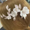 Hair Clips Bridal Wedding Combs White Ceramics Flower Hairpins Rose Gold Color Metal Leaves Headpieces Party Accessories