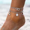 Fußkettchen Sommer Boho Herz Mond Sonne Silber Farbe für Frauen Doppelschichten Fußkette Armband am Bein Strand Barfuß Schmuck