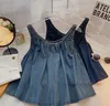 2024 Zomer Grote Meisjes Denim Tank Tops Tiener Ronde Kraag Losse Zachte Cowboy Tops Oude Kinderen Alle Bijpassende jarretel Kleding Z5607