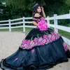 Charro Noir Quinceanera Robes Avec Motif Floral 2023 Hors Épaules Corset Robe De Bal Perlé Doux 15 Robes De Fête D'anniversaire