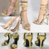 New Crystal Rhinestone Golden Women Sandals High Heels Saltos Cruzada Bombas de Festa Ponto Ponto Vestido Sexy Sapatos de Casamento 230306