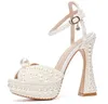 Summer Sacaria Dress Wedding Shoes Pearl-embellished Satin Platform Sandaler Elegant Women White Bride Pearls High Heels Ladies Pumps EU36-43 Heels 14cm