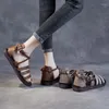 Sandales été Style ethnique littérature rétro en cuir véritable tissé à la main boucle sangle semelle plate chaussures pour femmes