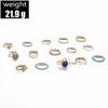 Cluster Rings 15Pcs/Set Boho Trendy Gold Colour Geometric Bule Stone Ring Set For Women Retro Turquoise Wedding Party Jewelry Friend Gift