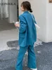 Calças femininas de duas peças primavera outono coreano solto casual mulher escritório conjuntos de correspondência elegante azul veludo blazer e terno 2 peças conjunto 231124