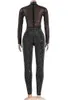 女性のジャンプスーツはロンパースベイプルンスパークルモックネックブラックラインストーンメッシュジャンプスーツ