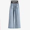 Jeans Woman Jeans High Waist Wide Leg Pants Korean Loose Trousers Mom Jeans White Embroidered Letter Irregular Cotton Linen Shirt